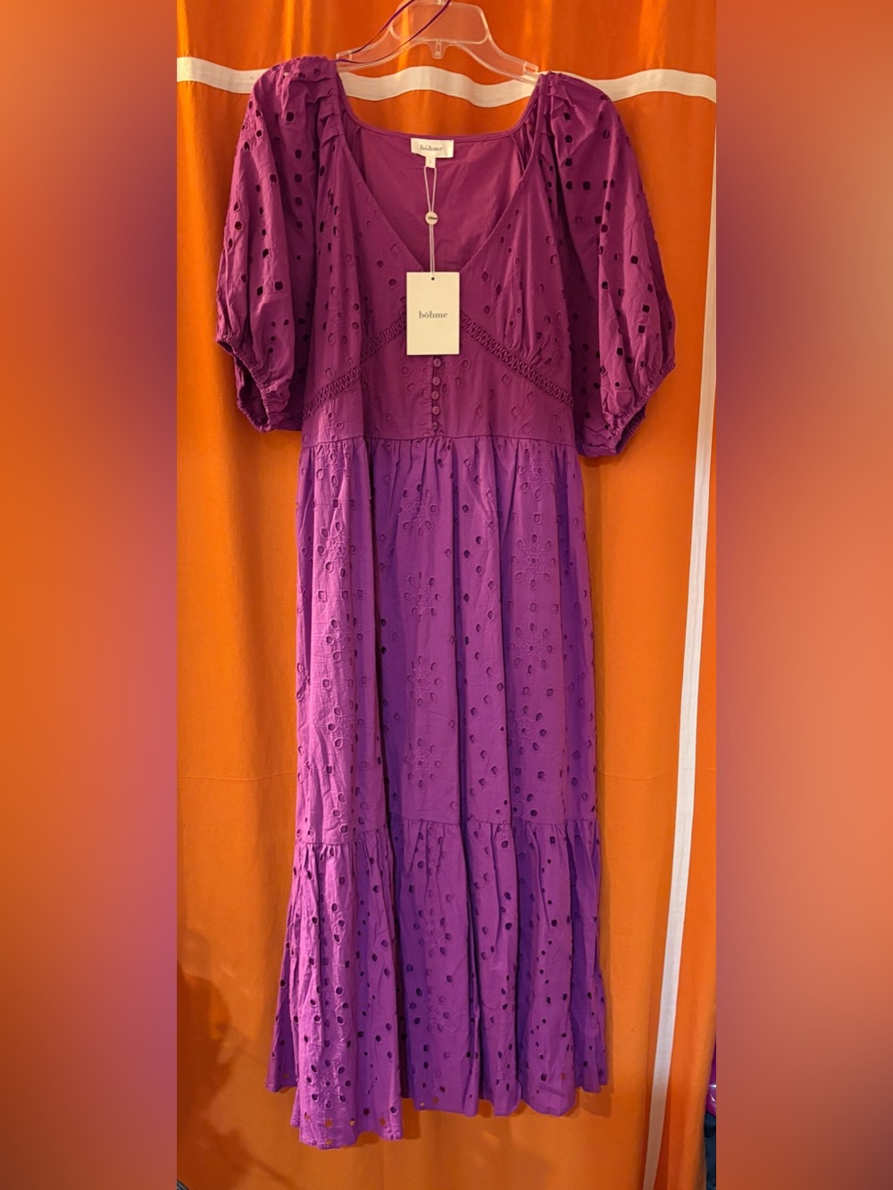 Purple Puff-Sleeve Eyelet Midi Dress